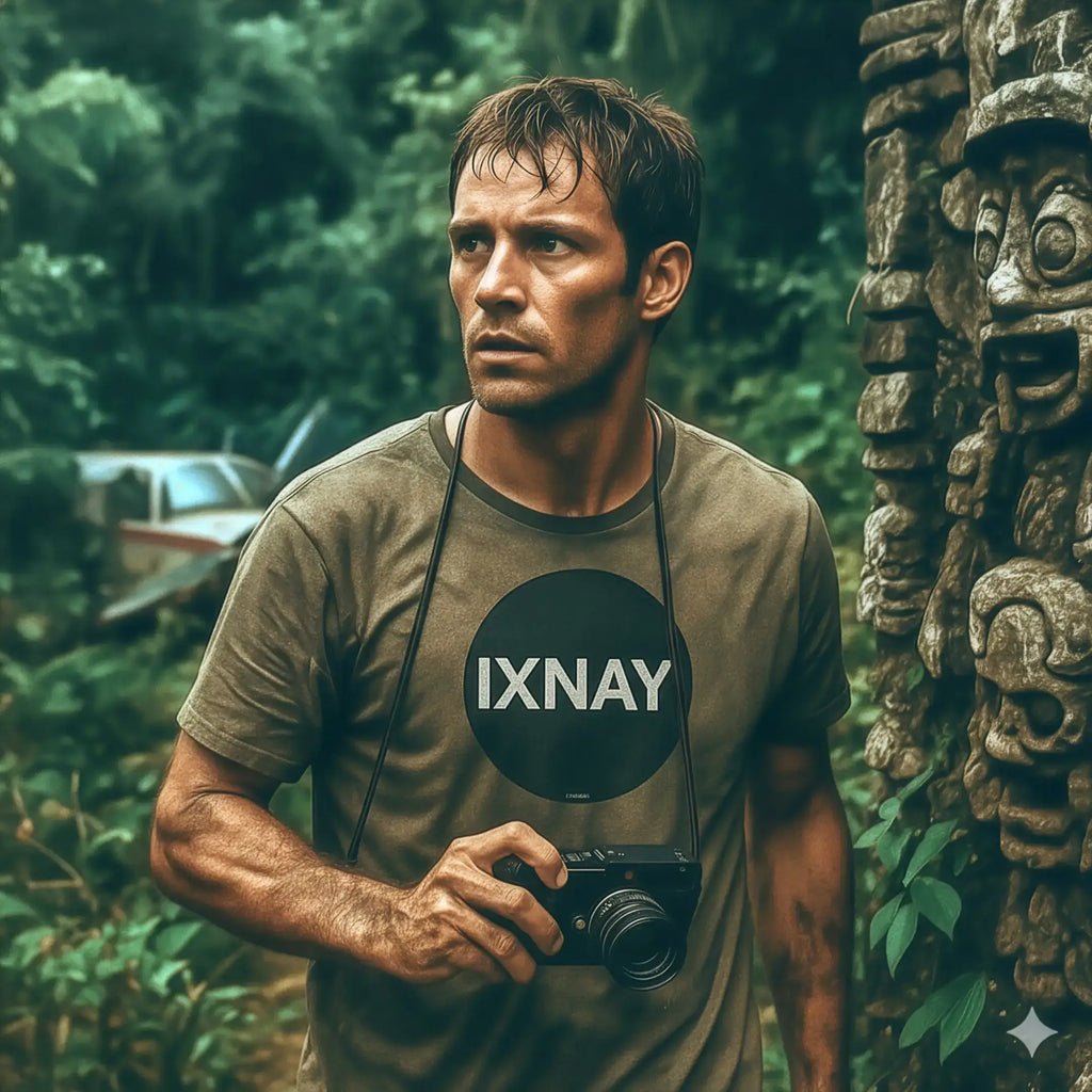 Man holding a camera with 'IXNAY' logo on his olive green t-shirt in a jungle setting with crashed plane in background and ancient temple ruins.