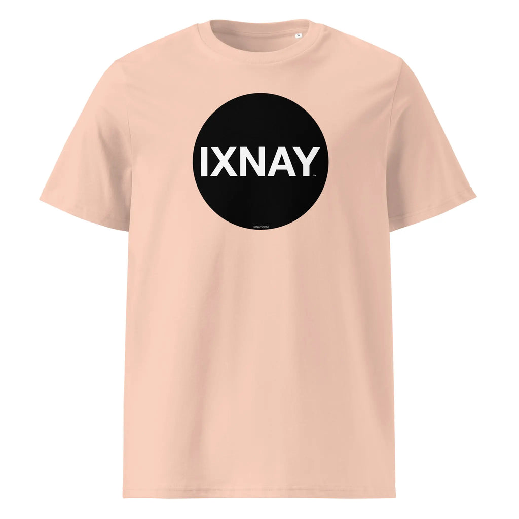 Peach pink t-shirt with black circle 'IXNAY' logo printed on organic cotton.