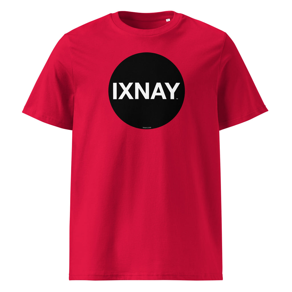 Red t-shirt with a black circle and 'IXNAY' text on a white background