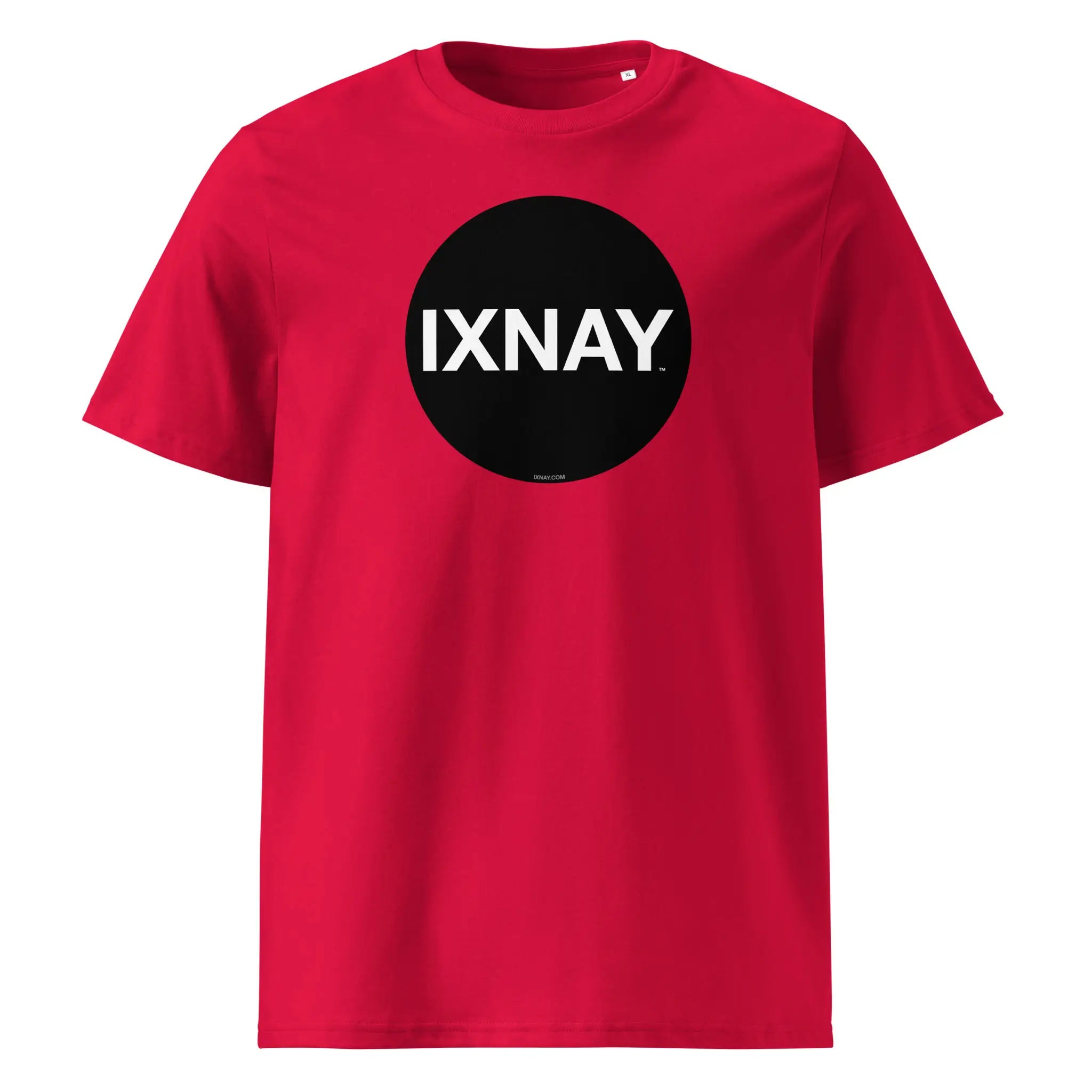 Red t-shirt with black circle 'IXNAY' logo printed on organic cotton.