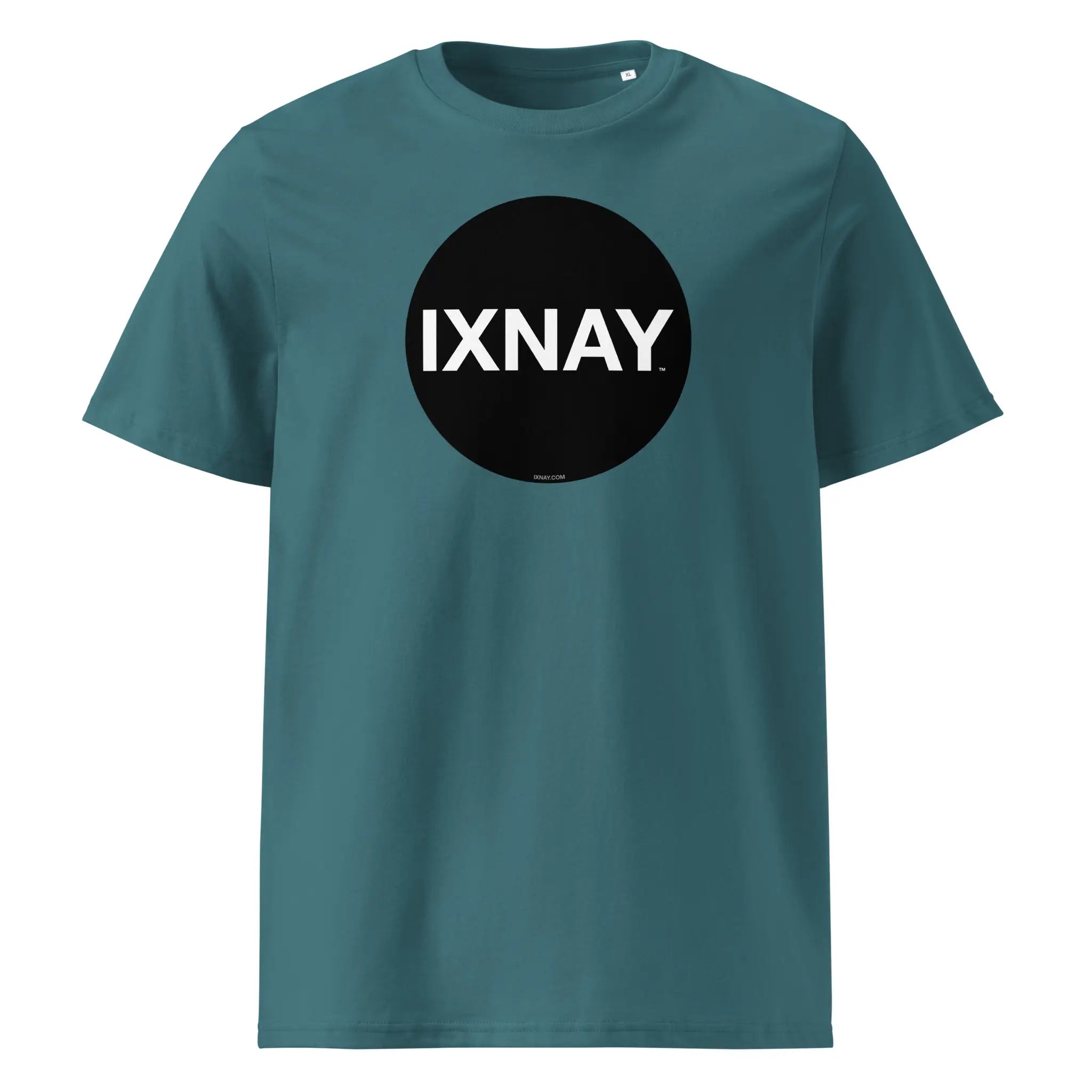 Teal blue t-shirt with black circle 'IXNAY' logo printed on organic cotton.