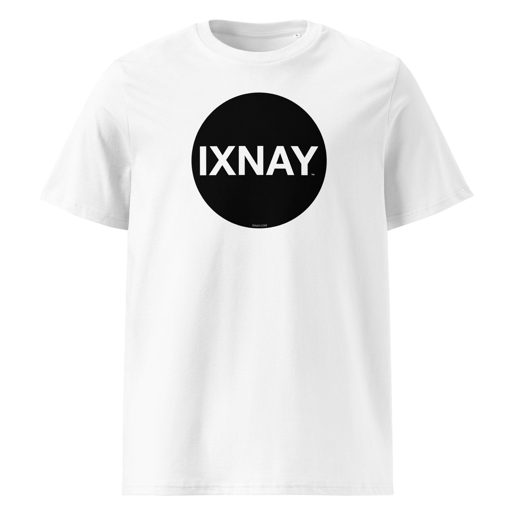 White t-shirt with a black circle and 'IXNAY' text on a white background
