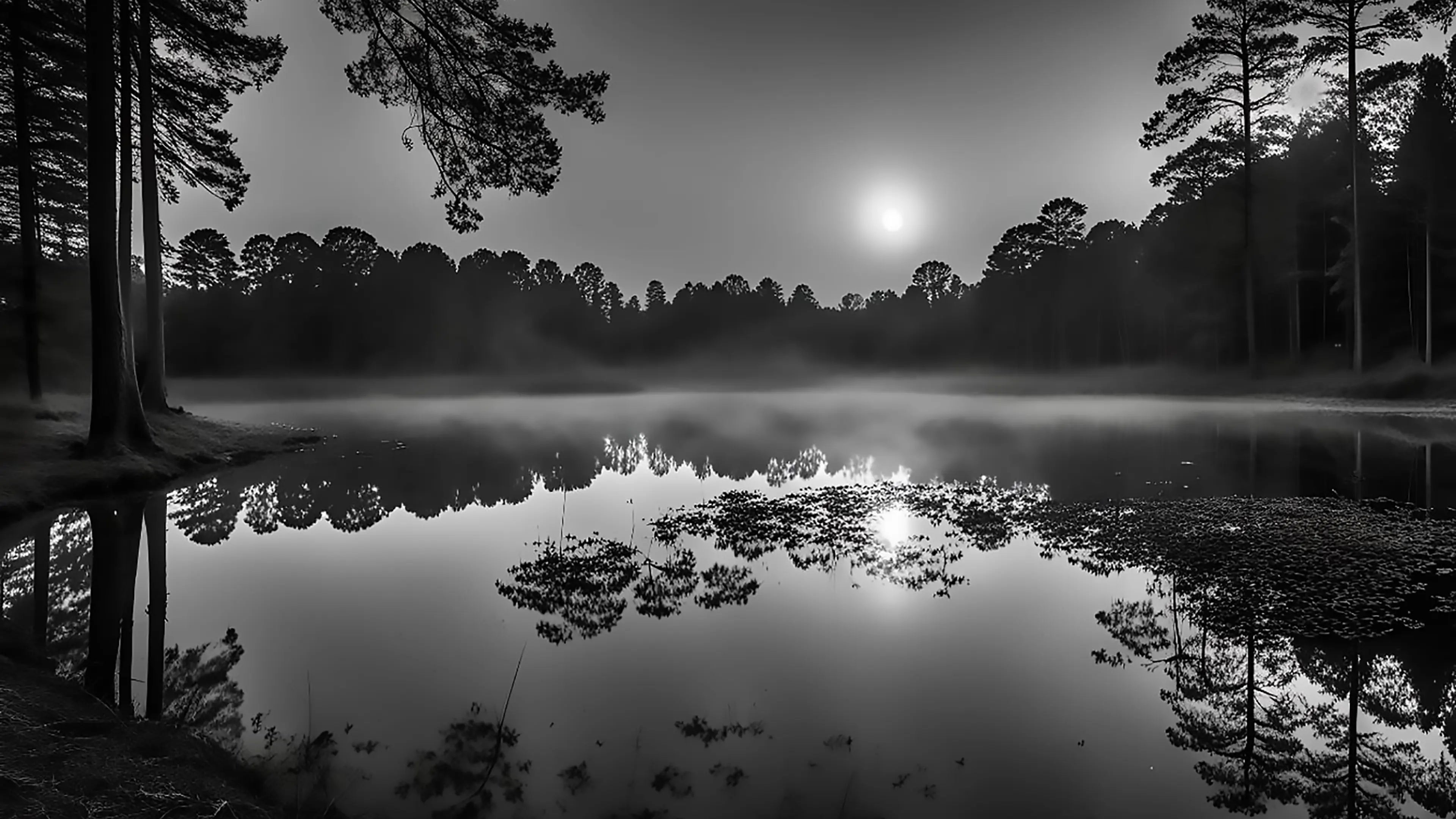 Image shows a full moon reflected in a pond deep in a forest. Intended to set the mood for a song named "Moon of Worms" by the artist IXNAY.