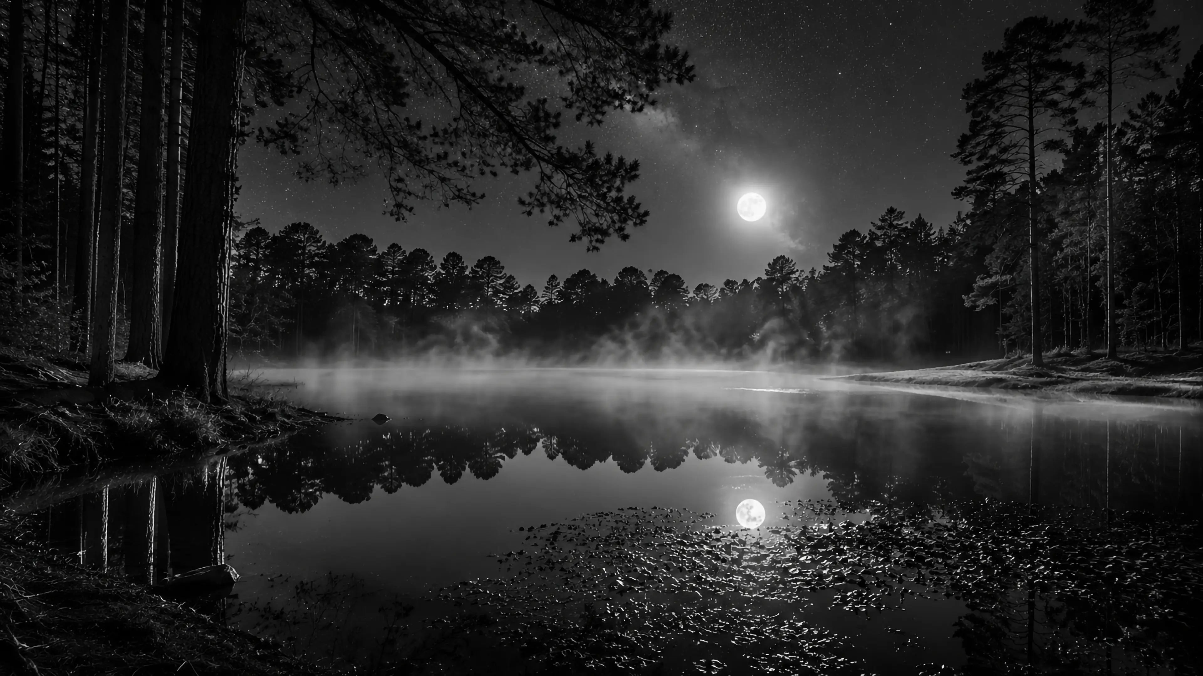 Moonlit night over a misty lake with trees in a forest sets the mood for IXNAY's song Moon of Worms.