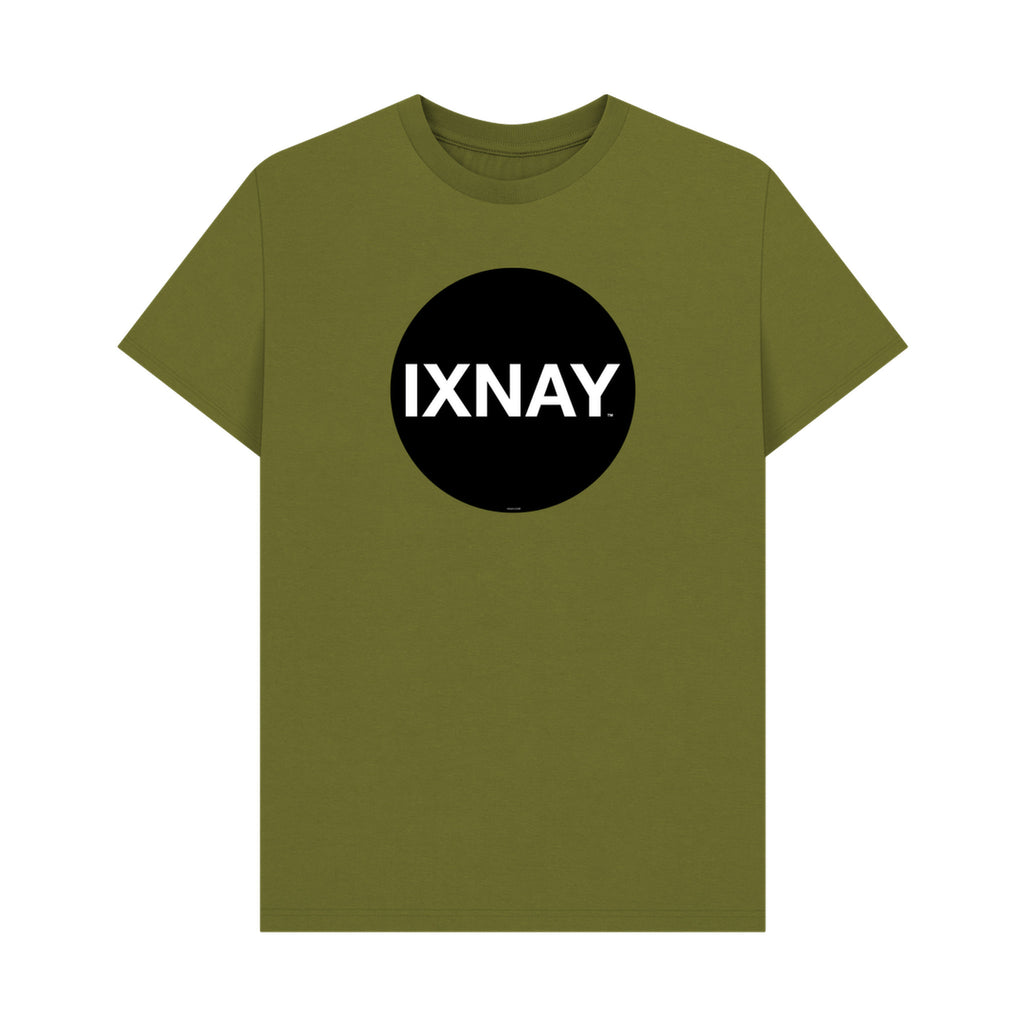 Green t-shirt with a black circle and 'IXNAY' text on a white background