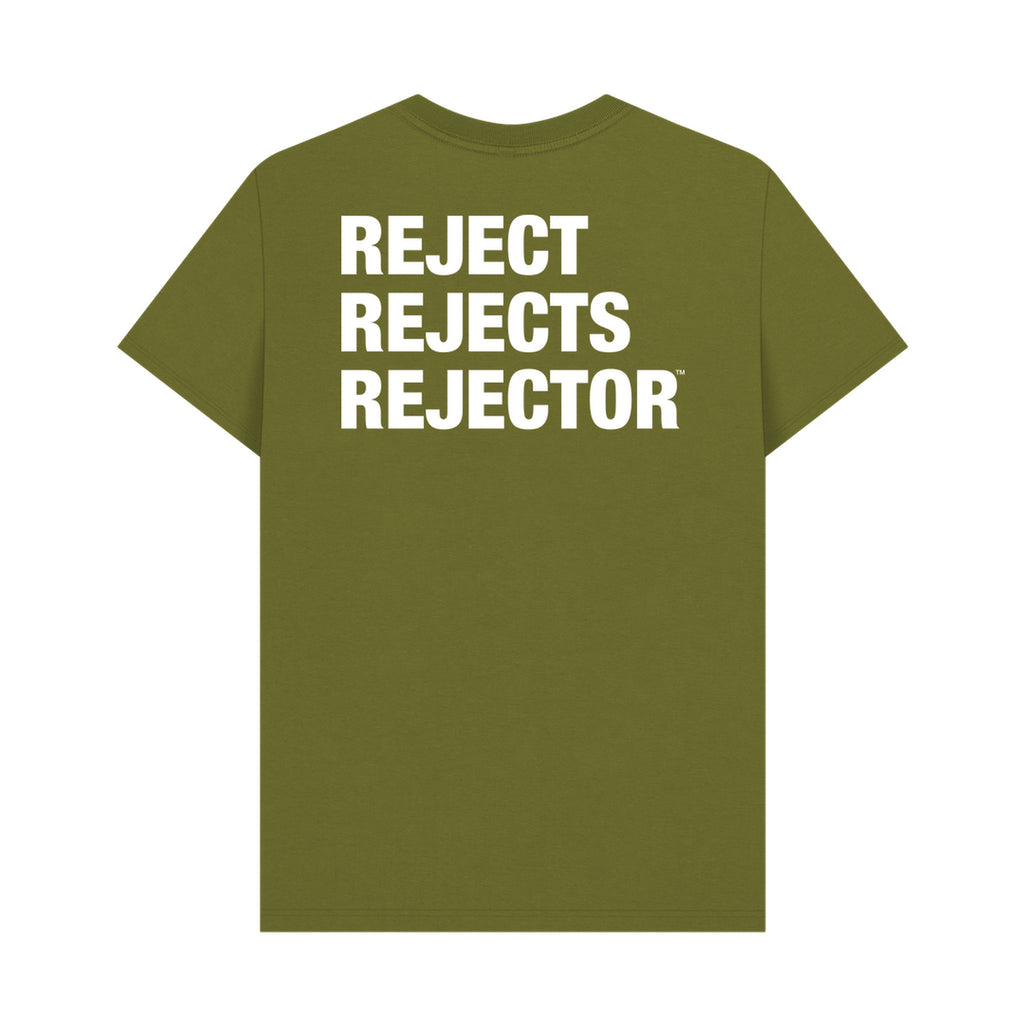Green IXNAY logo t-shirt with 'REJECT REJECTS REJECTOR' text on the back against a white background