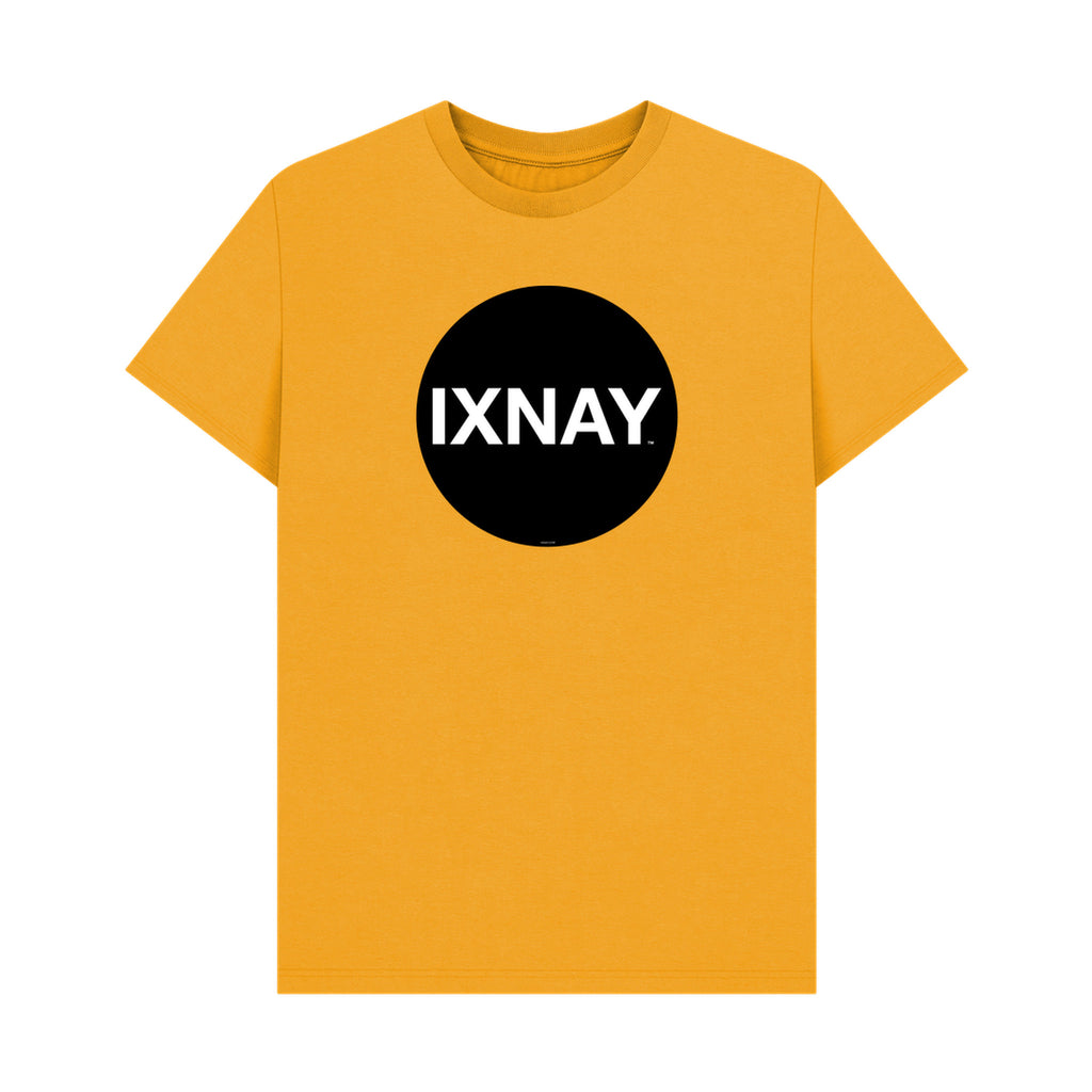 Yellow t-shirt with a black circle and 'IXNAY' text on a white background