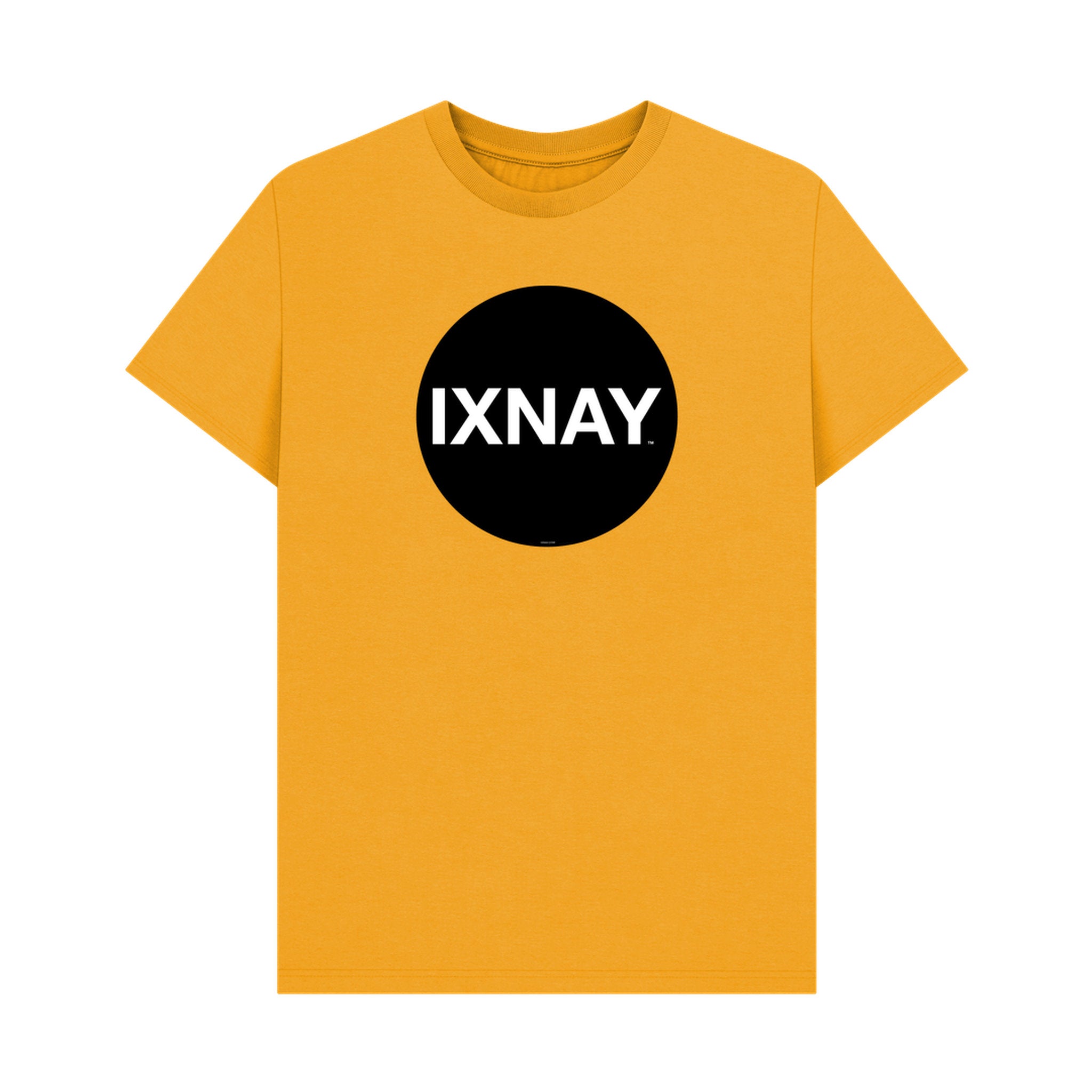 Yellow t-shirt with a black circle and 'IXNAY' text on a white background