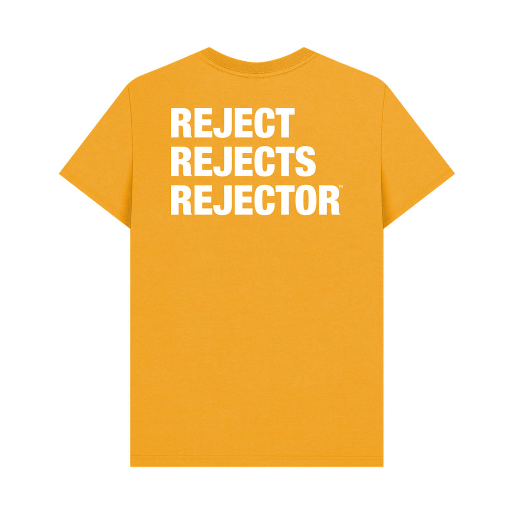 Yellow IXNAY logo t-shirt with 'REJECT REJECTS REJECTOR' text on a white background