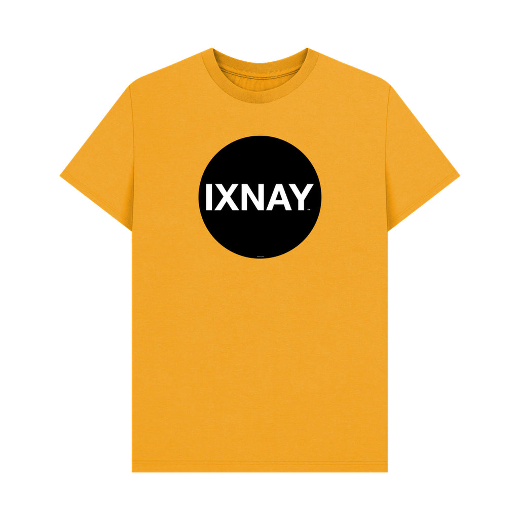 Yellow t-shirt with a black circle and 'IXNAY' text on a white background