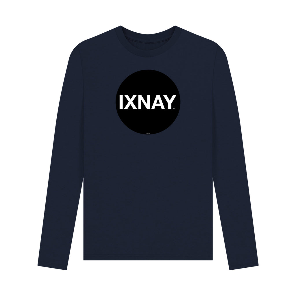 Navy blue long-sleeve t-shirt with 'IXNAY' logo on a white background