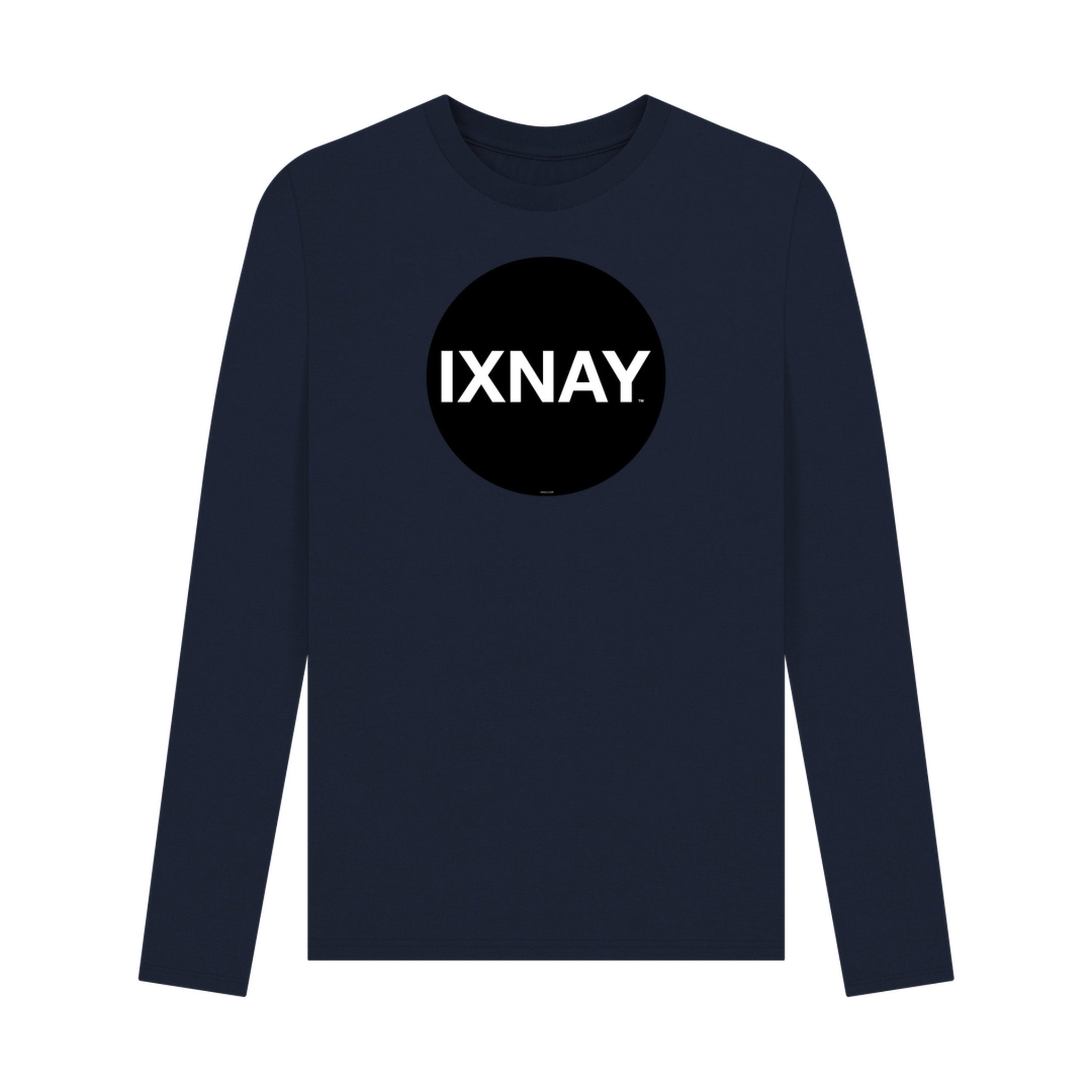 Navy blue long-sleeve t-shirt with 'IXNAY' logo on a white background