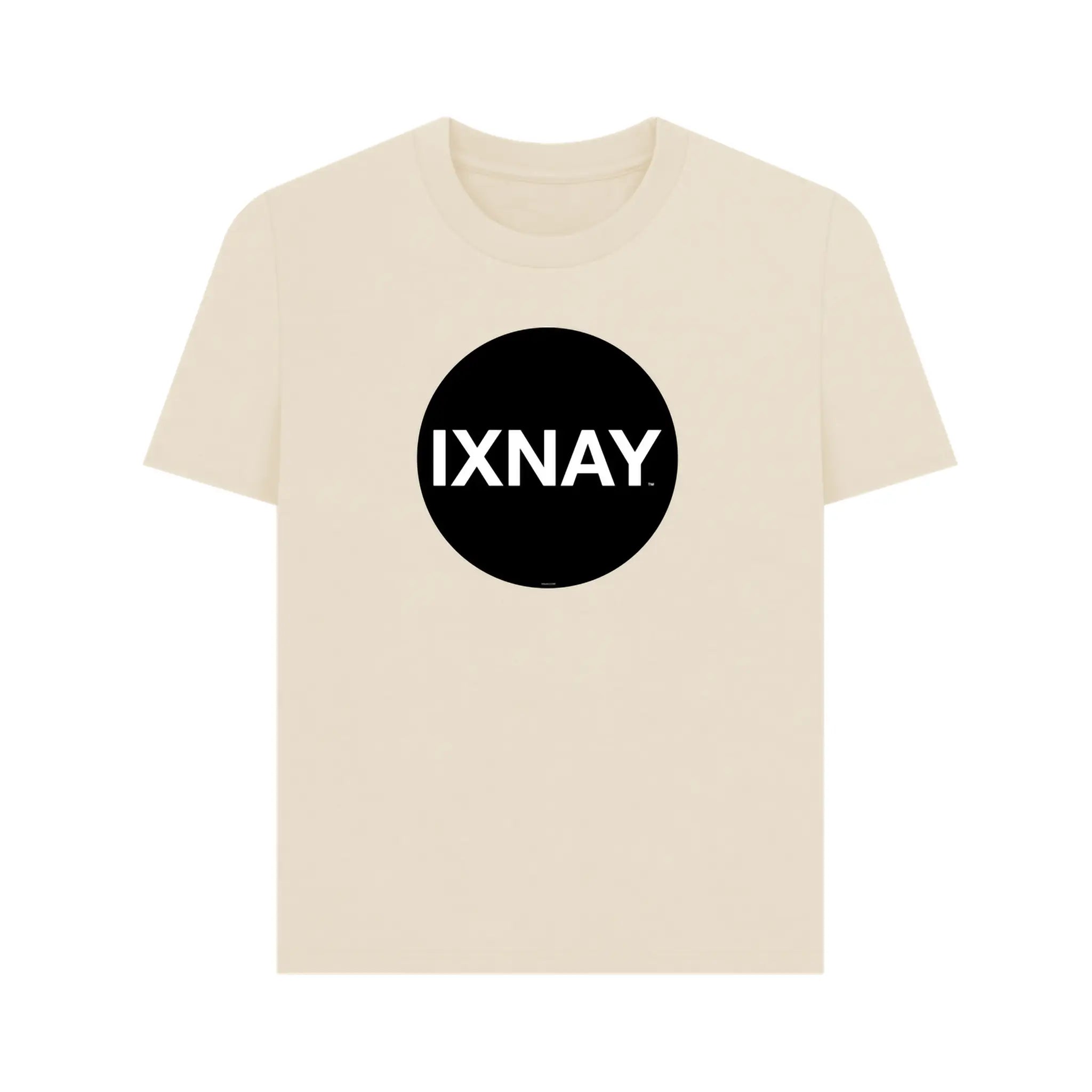 Women's short-sleeve light beige t-shirt with 'IXNAY' original black circle logo in 100% organic cotton.