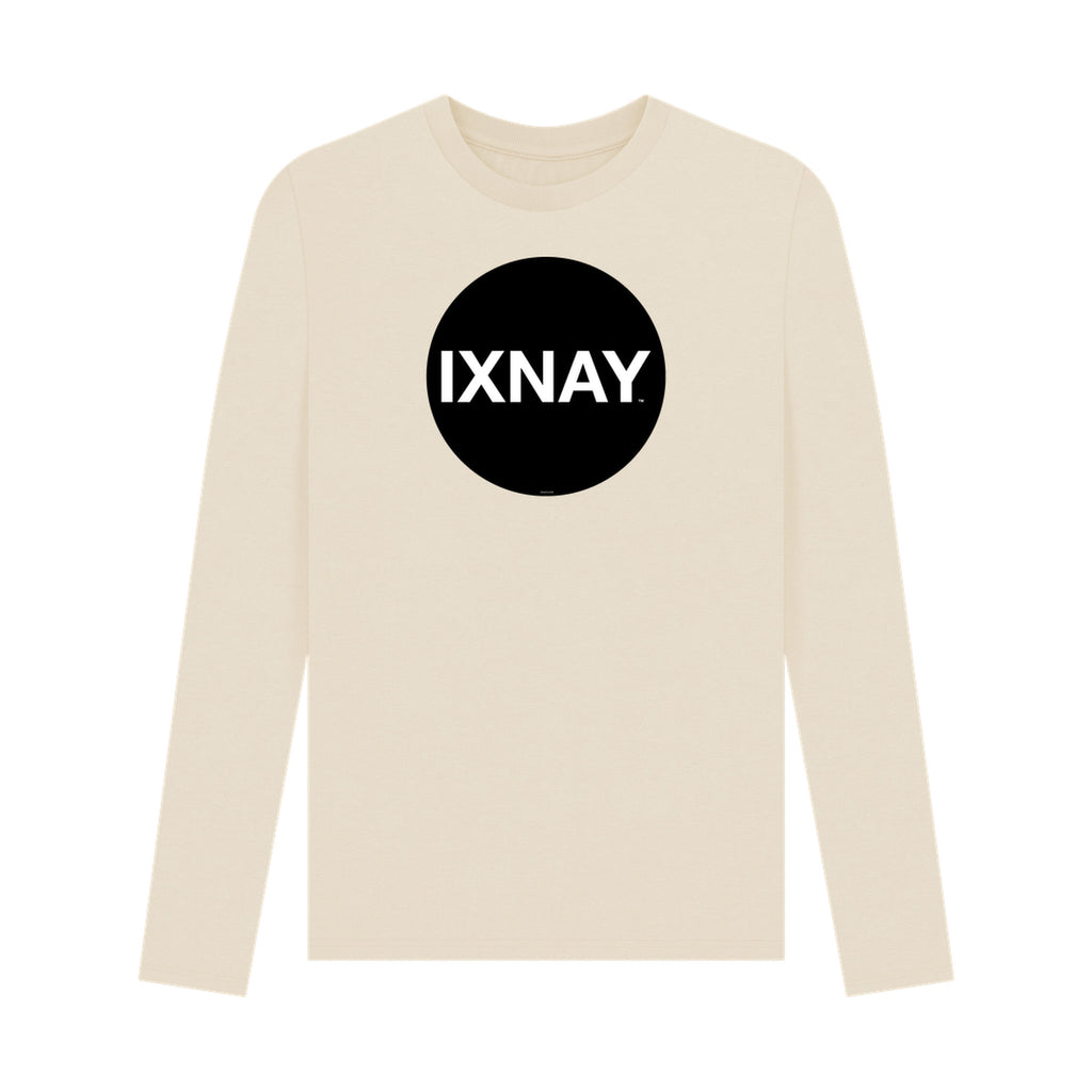 Beige long-sleeve t-shirt with a black circle and 'IXNAY' text on a white background