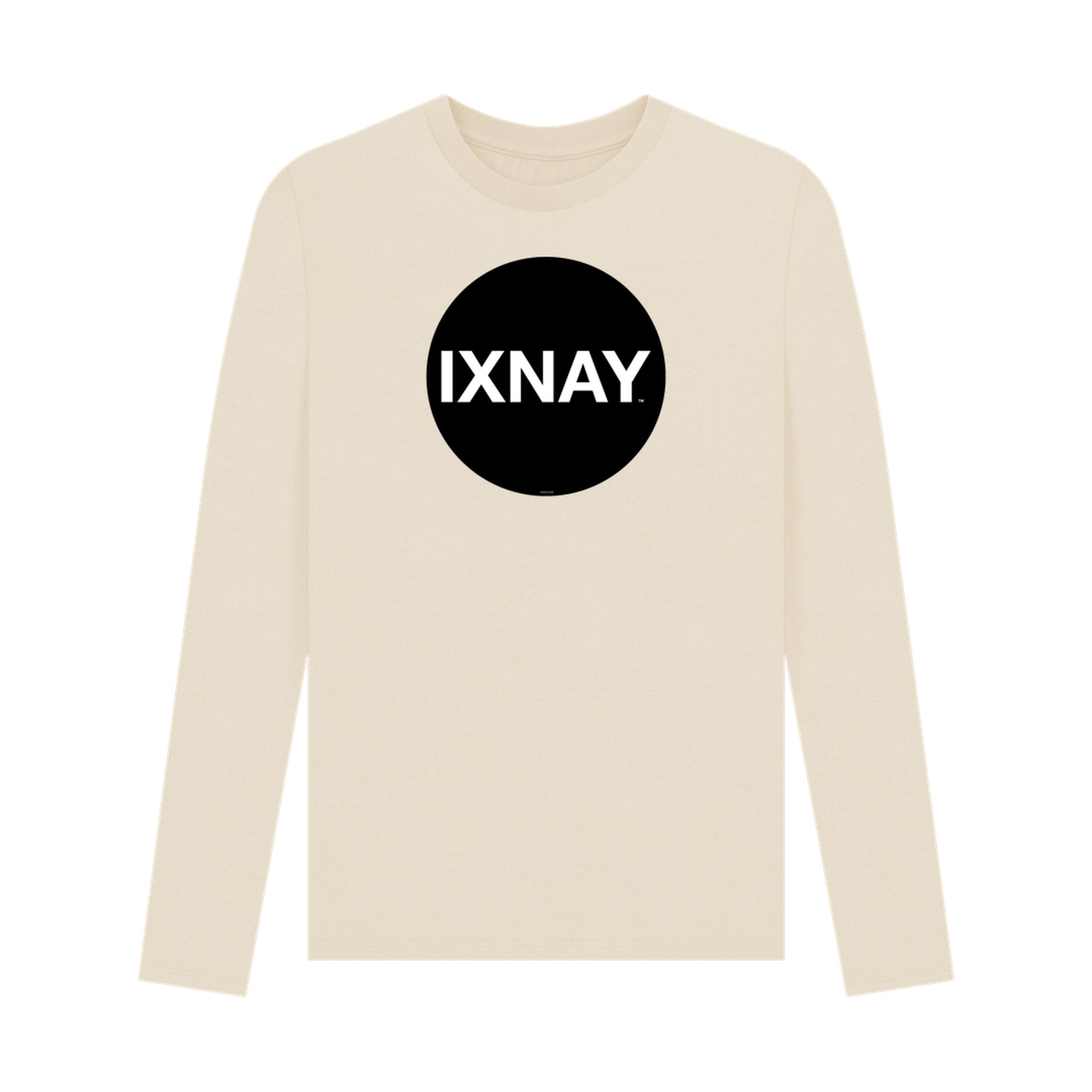 Beige long-sleeve t-shirt with a black circle and 'IXNAY' text on a white background