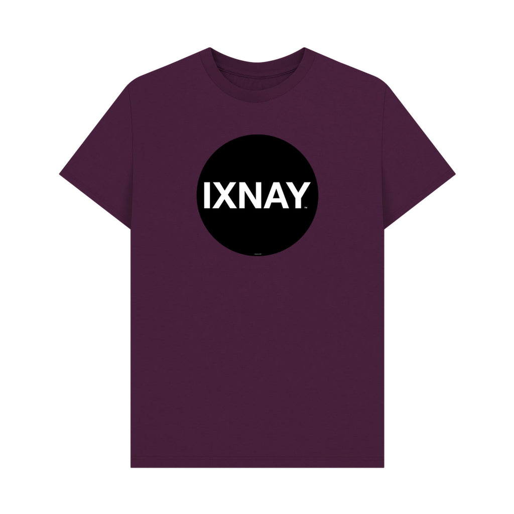 Purple t-shirt with a black circle and 'IXNAY' text on a white background