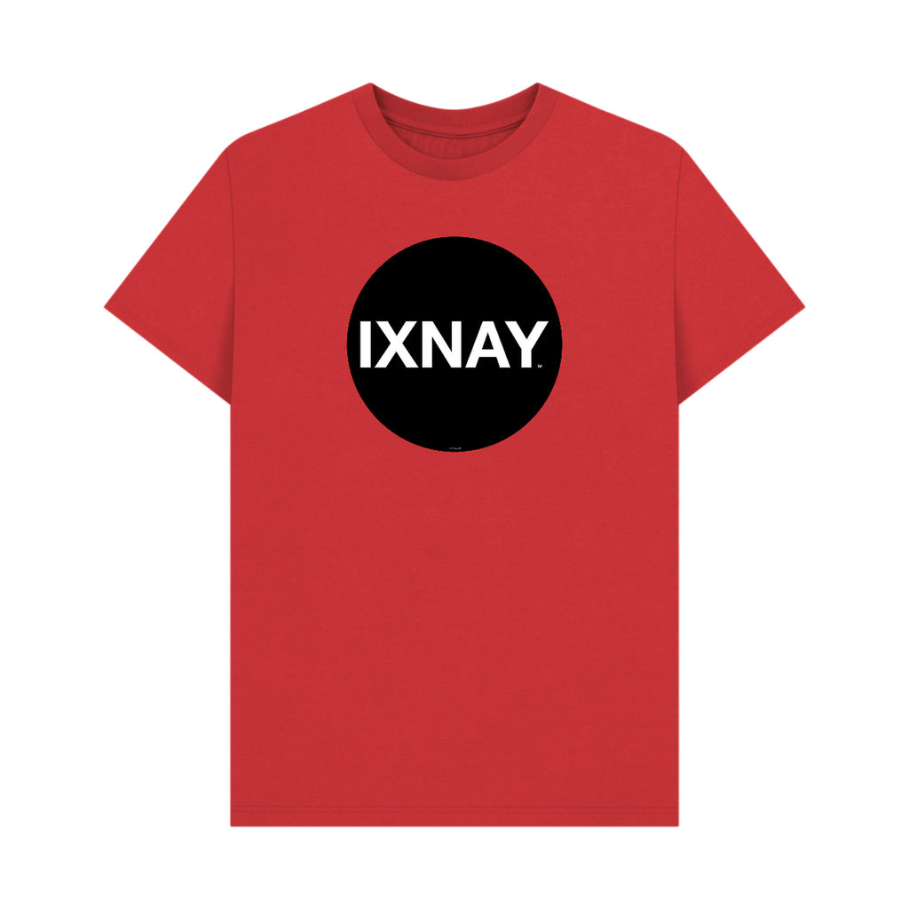 Red t-shirt with a black circle and 'IXNAY' text on a white background