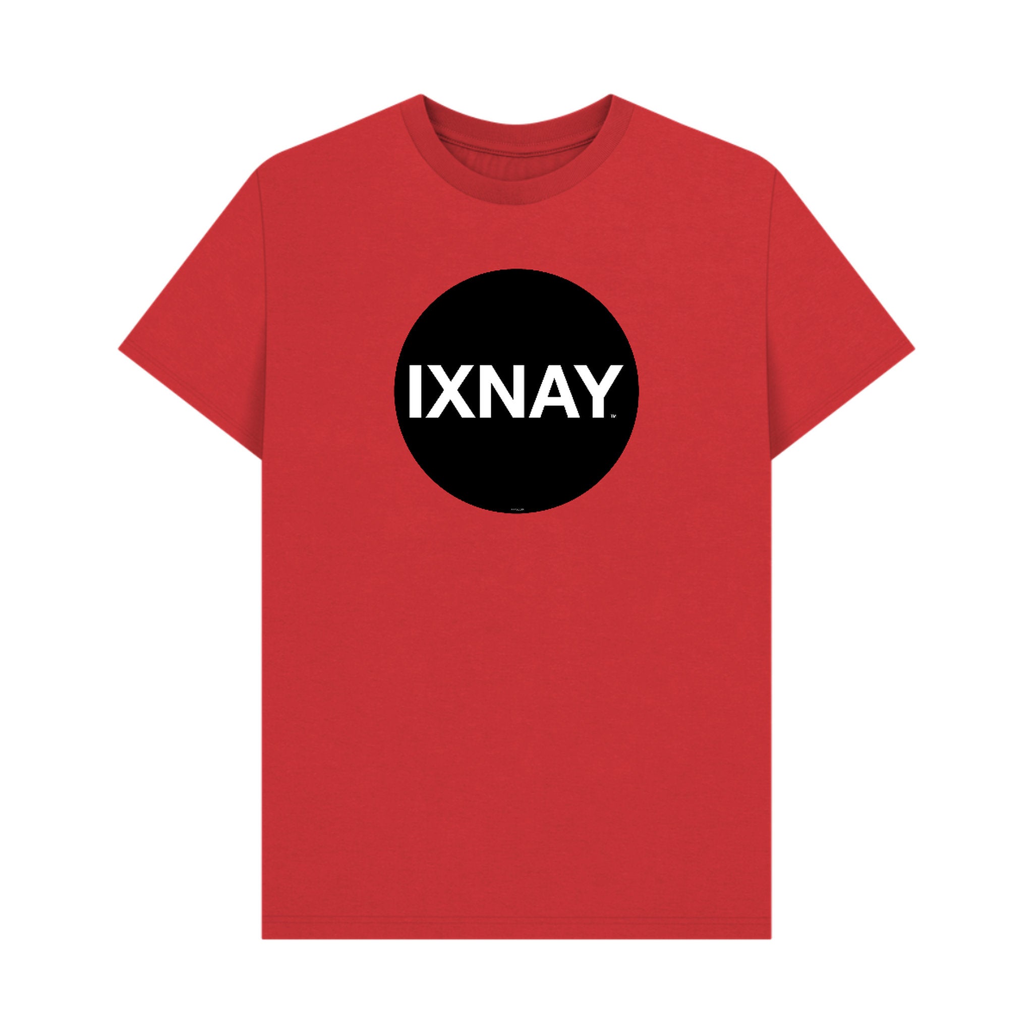 Red t-shirt with a black circle and 'IXNAY' text on a white background