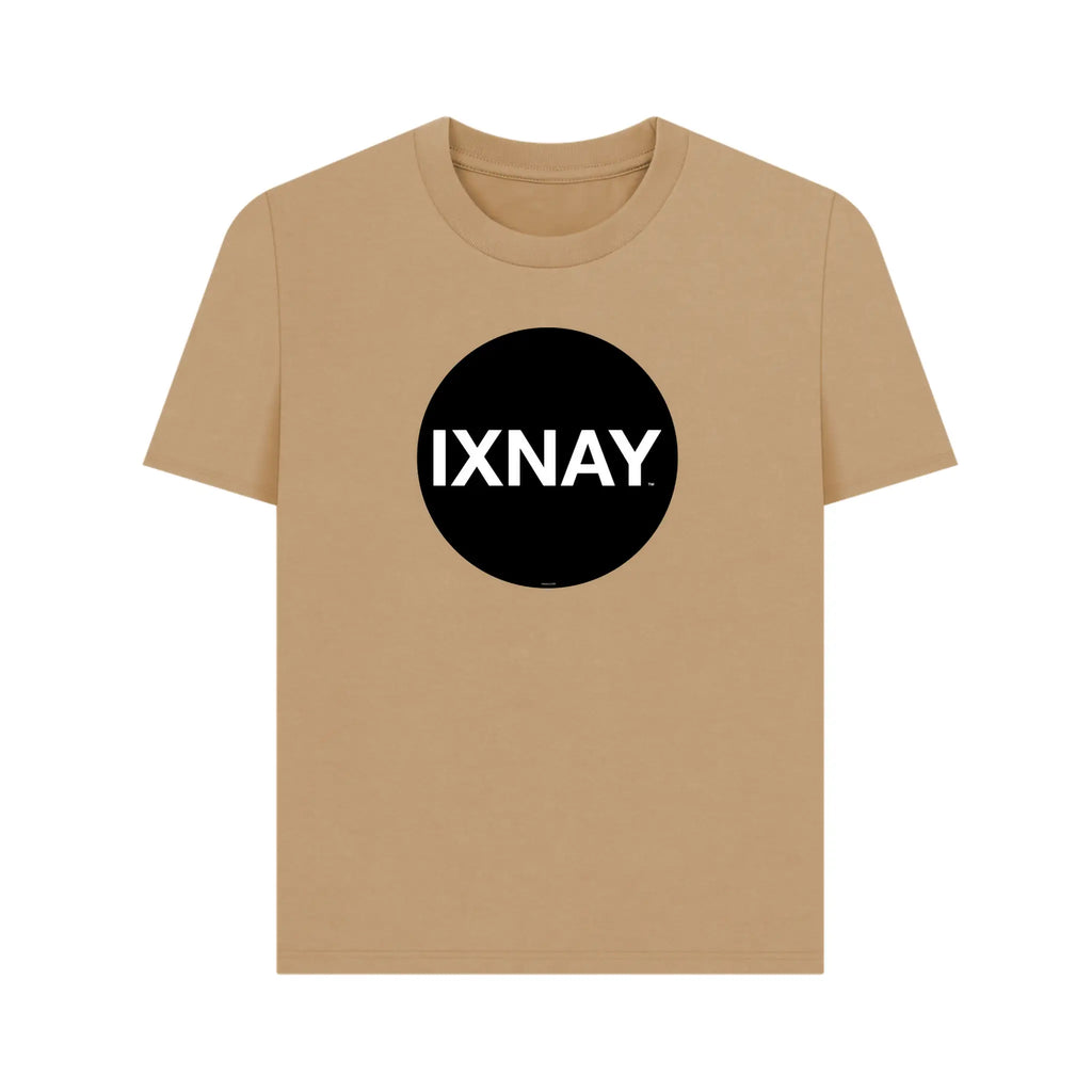 Women's short-sleeve beige brown t-shirt with 'IXNAY' original black circle logo in 100% organic cotton.