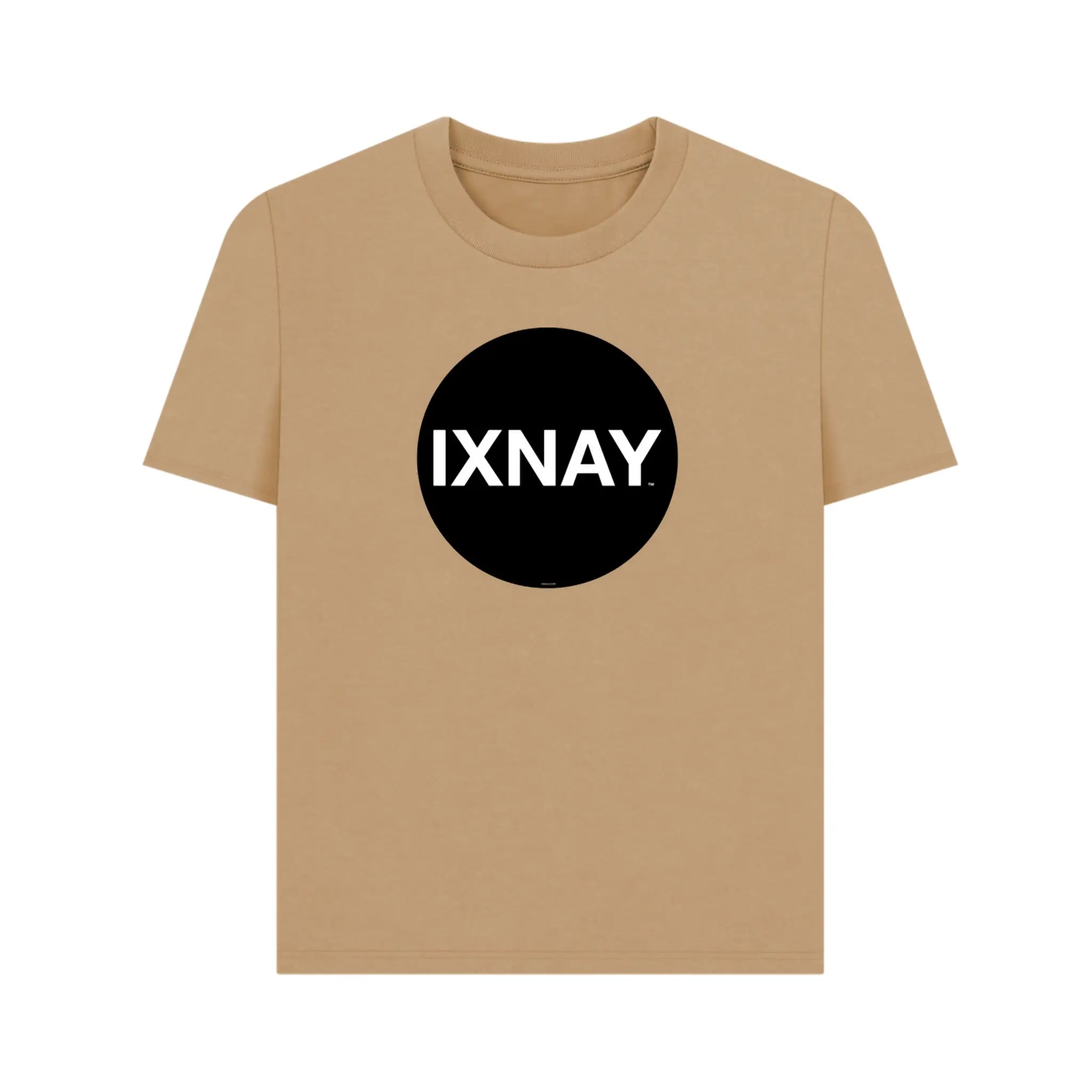 Women's short-sleeve beige brown t-shirt with 'IXNAY' original black circle logo in 100% organic cotton.