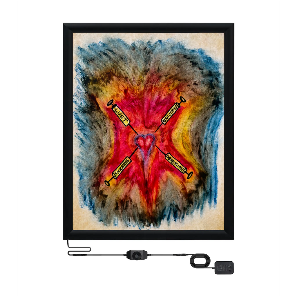 Illuminated backlit LED frame displaying abstract artwork with a central red heart and labeled syringes on a beige background with included power cable and dimmer- Sticking Knives by IXNAY