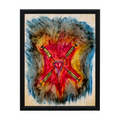 Framed abstract artwork with a central red heart and labeled syringes dealing with lust, addiction, obsession, and sickness on a beige background - Sticking Knives by IXNAY