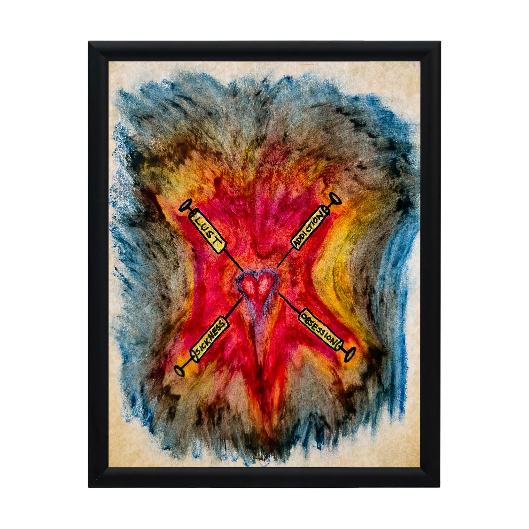 Framed abstract artwork with a central red heart and labeled syringes dealing with lust, addiction, obsession, and sickness on a beige background - Sticking Knives by IXNAY