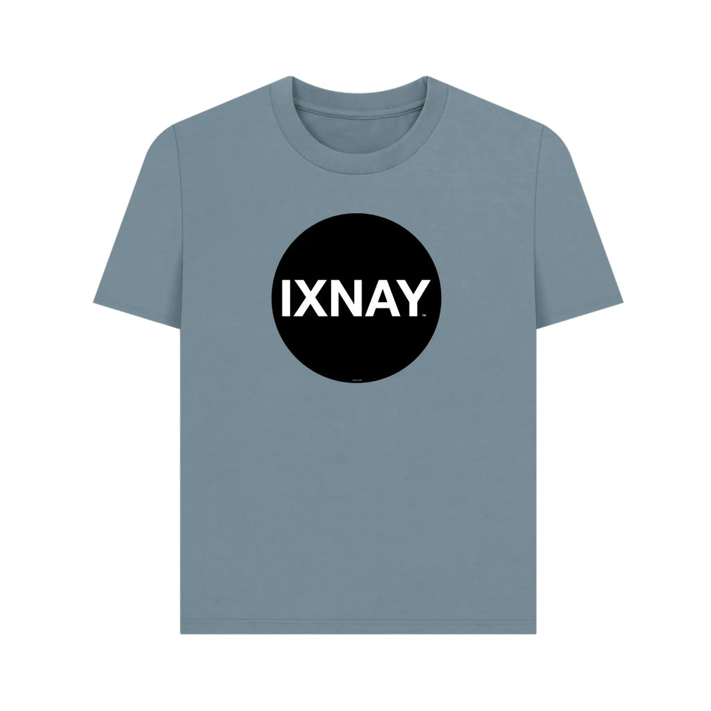 Women's short-sleeve stone blue t-shirt with 'IXNAY' original black circle logo in 100% organic cotton.