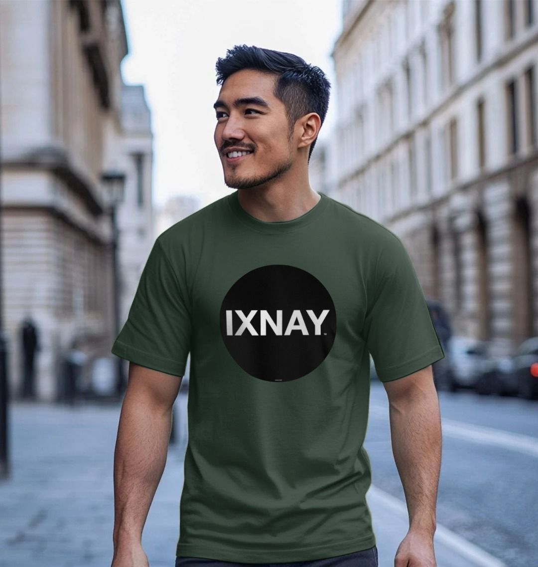 Asian man standing with his in a city street wearing an dark gray Printed Men's T-Shirt with Original Black Round IXNAY Logo with the phrase REJECT REJECTS REJECTOR on back  to represent the artist and musician IXNAY