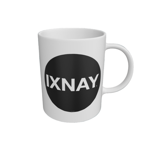 White Ceramic Mug with original black IXNAY logo on transparent background