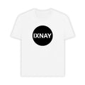 Women's short-sleeve white t-shirt with 'IXNAY' original black circle logo in 100% organic cotton.