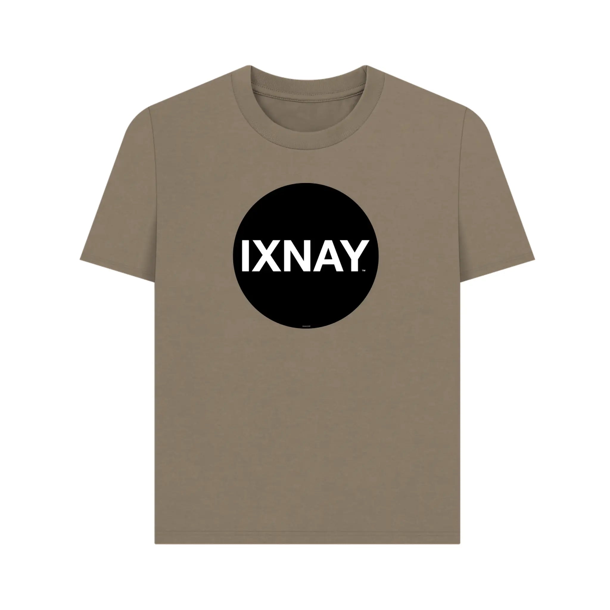 Women's short-sleeve brown t-shirt with 'IXNAY' original black circle logo in 100% organic cotton.