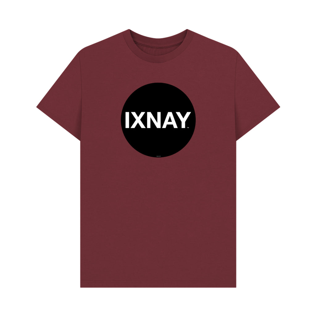 Maroon t-shirt with a black circle and 'IXNAY' text on a white background