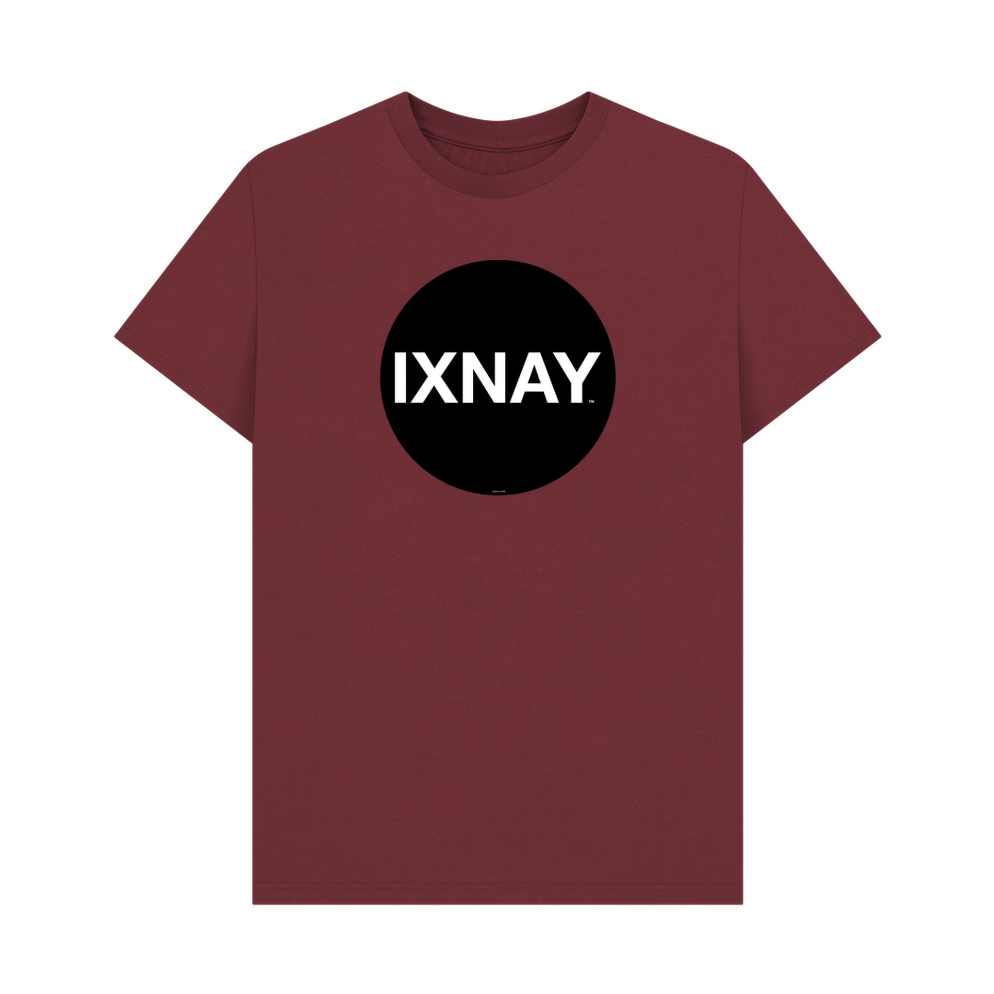 Maroon t-shirt with a black circle and 'IXNAY' text on a white background
