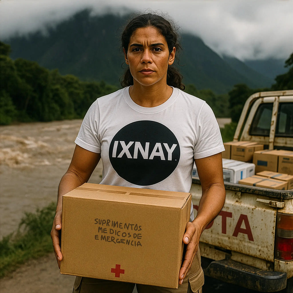 Woman holding a box of emergency medical supplies while wearing an 'IXNAY' logo white t-shirt with a mountainous background.