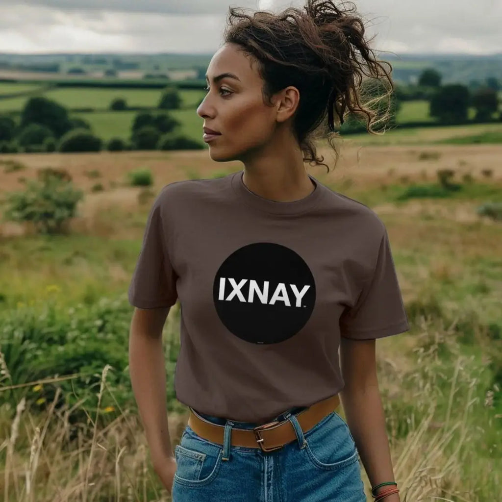Woman wearing women's short-sleeve chocolate brown t-shirt with 'IXNAY' original black circle logo in 100% organic cotton.