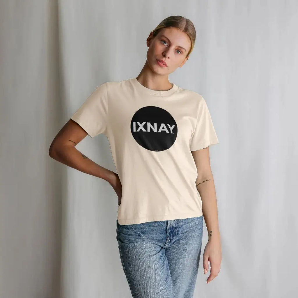Woman wearing women's short-sleeve light beige brown t-shirt with 'IXNAY' original black circle logo in 100% organic cotton.