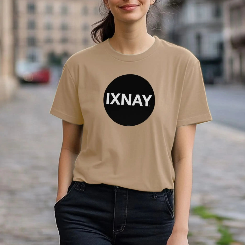 Woman wearing women's short-sleeve beige brown t-shirt with 'IXNAY' original black circle logo in 100% organic cotton.