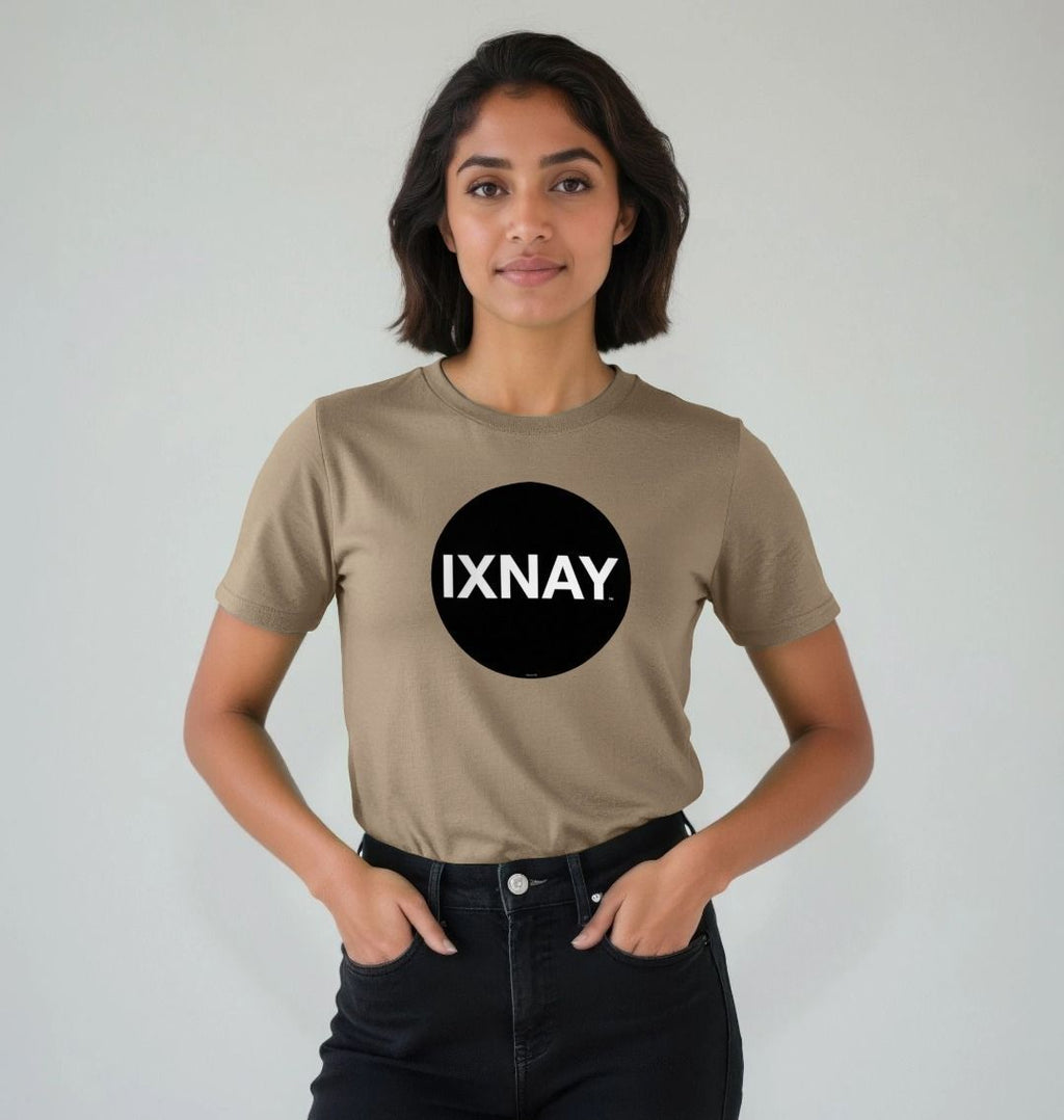 Woman smiling and standing in front of an all white background wearing Willow Beige Printed Women's T-Shirt with Original Black Circular IXNAY Logo