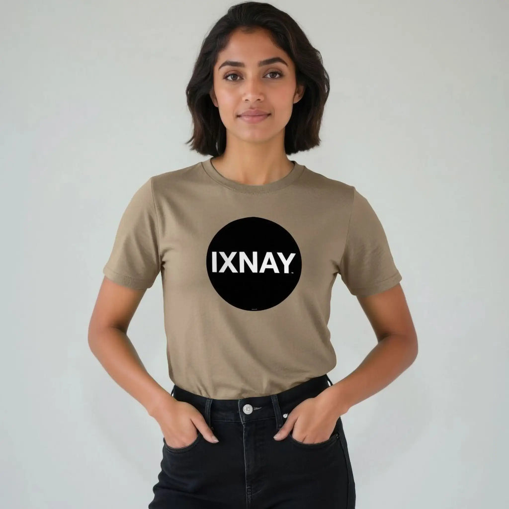 Woman wearing women's short-sleeve willow beige t-shirt with 'IXNAY' original black circle logo in 100% organic cotton.