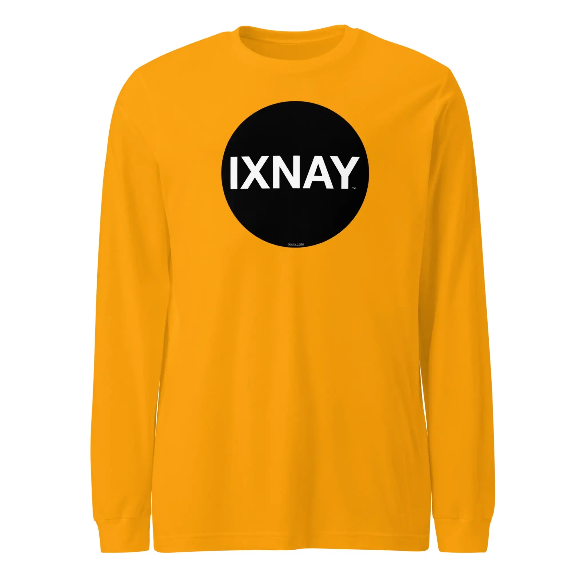 Yellow women's long-sleeve t-shirt with a black circle and 'IXNAY' text on a white background