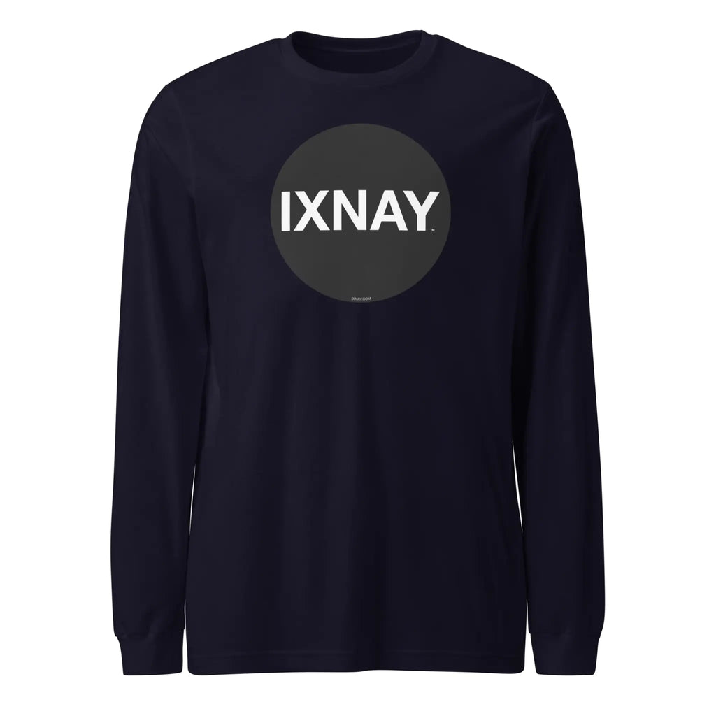 Black women's long-sleeve t-shirt with 'IXNAY' logo on a white background