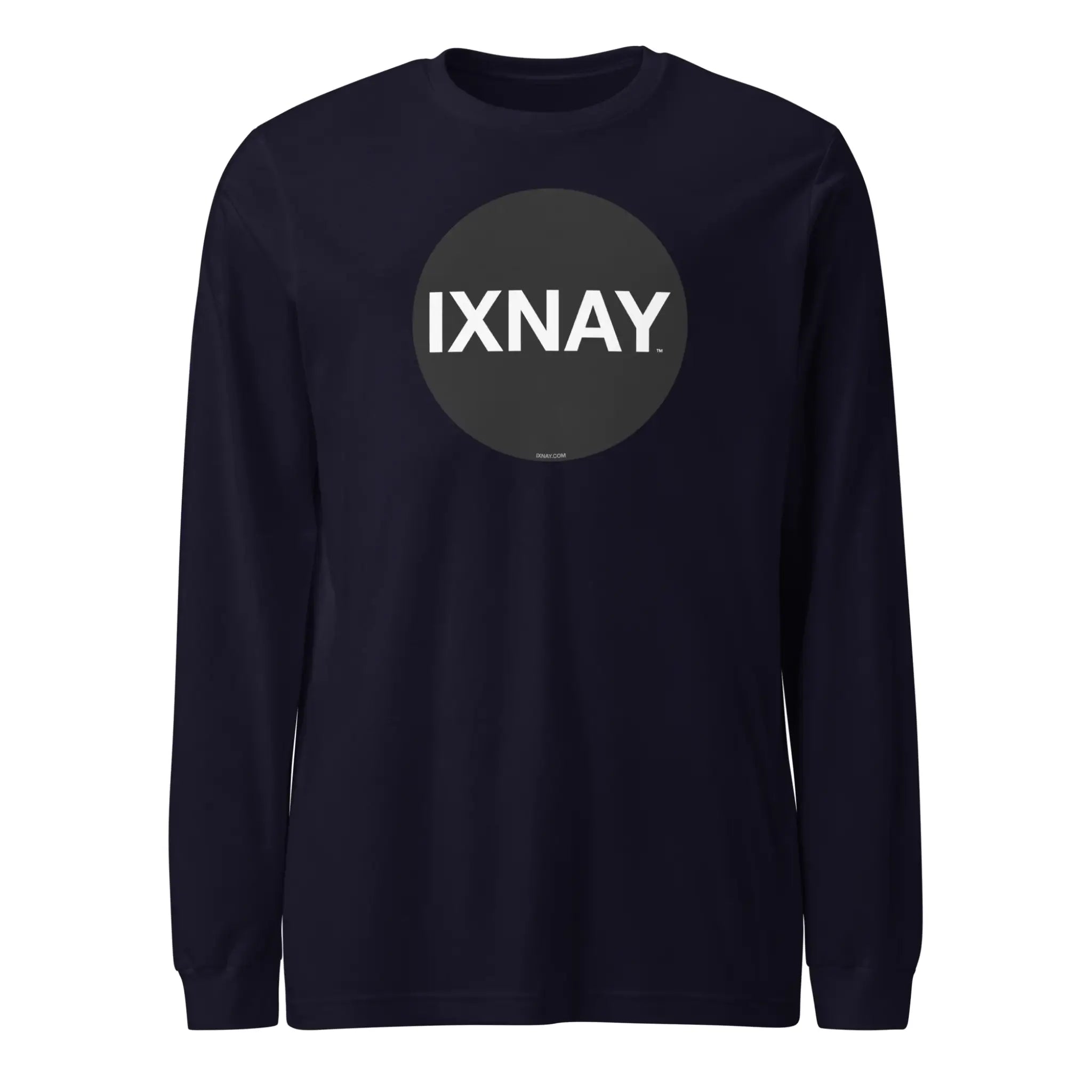 Black women's long-sleeve t-shirt with 'IXNAY' logo on a white background