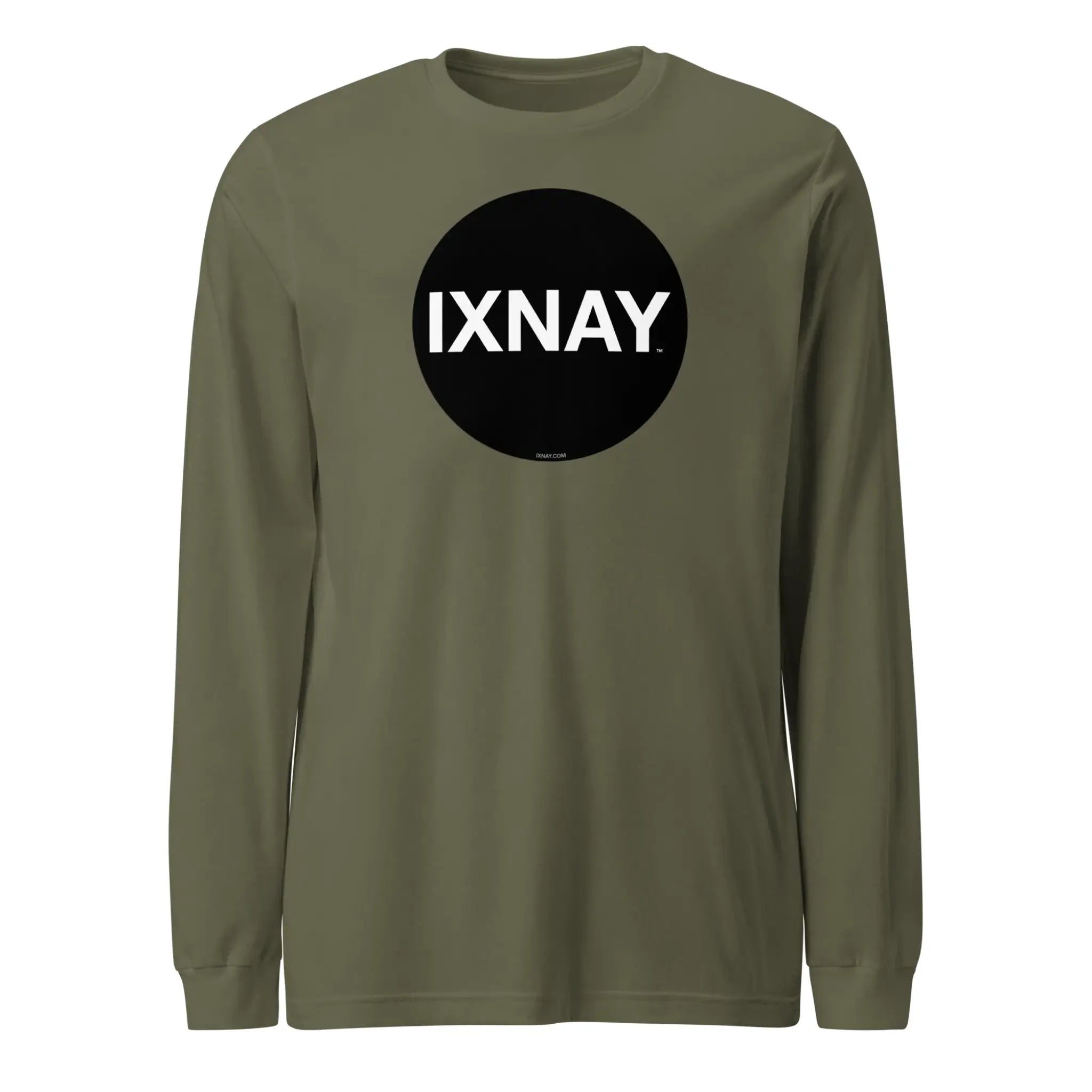 Green women's long-sleeve t-shirt with 'IXNAY' logo on a white background