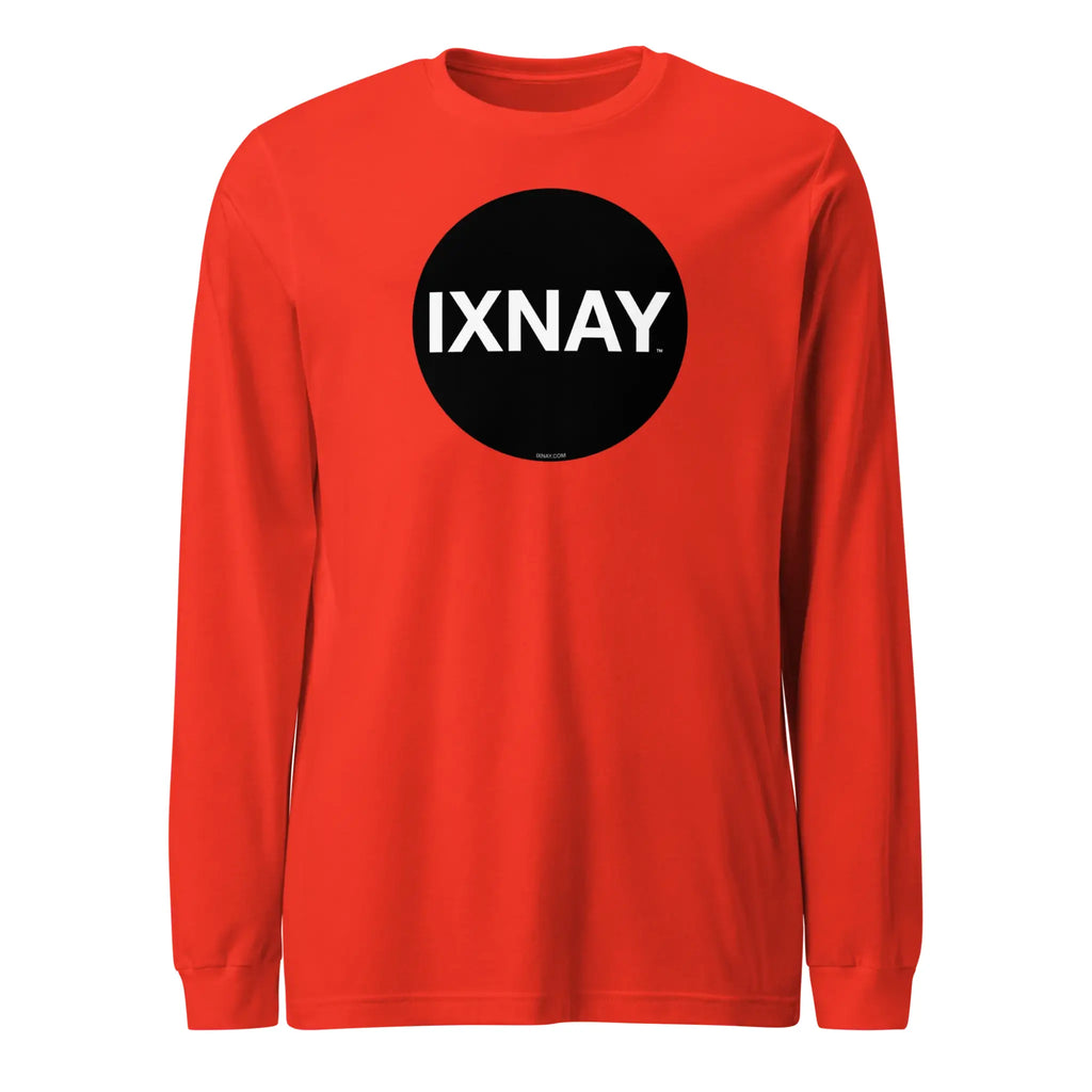 Orange women's long-sleeve t-shirt with a black circle and 'IXNAY' text on a white background
