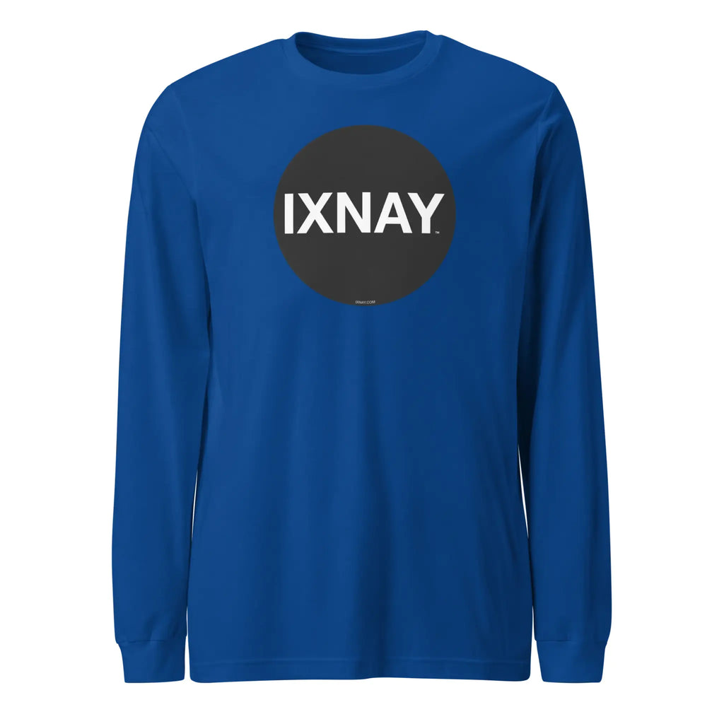 Blue women's long-sleeve t-shirt with 'IXNAY' logo on a white background