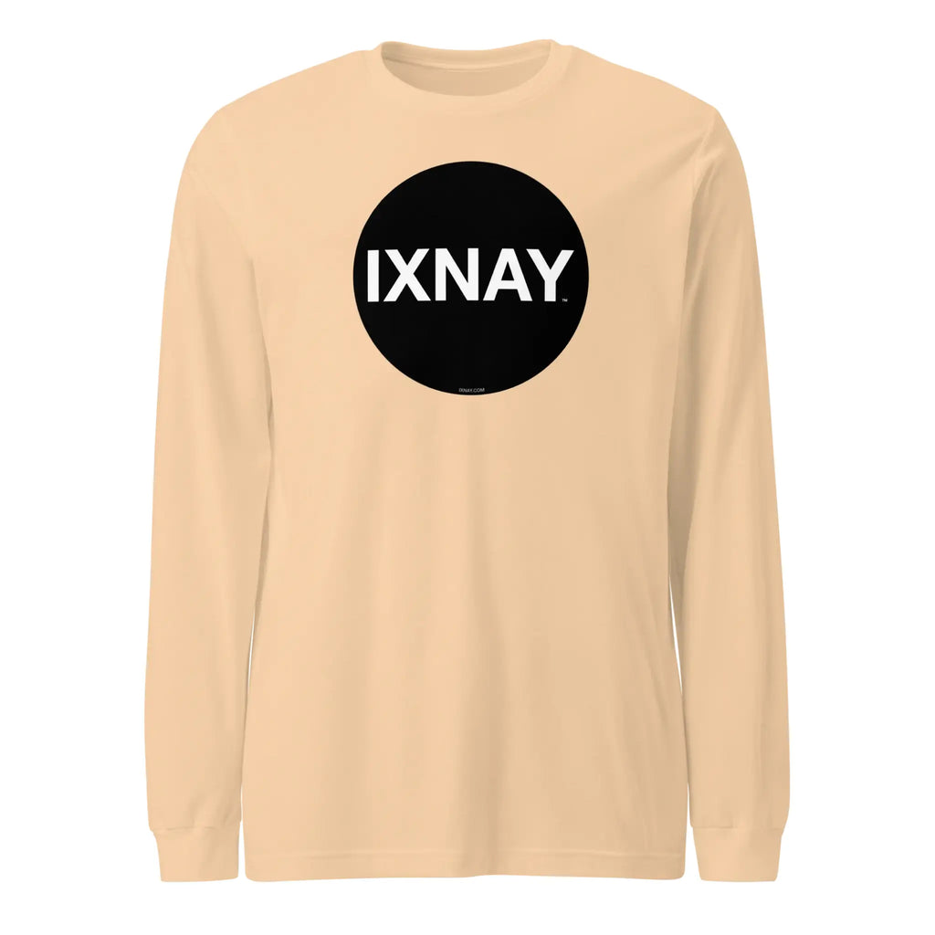 Beige women's long-sleeve t-shirt with a black circle and 'IXNAY' text on a white background