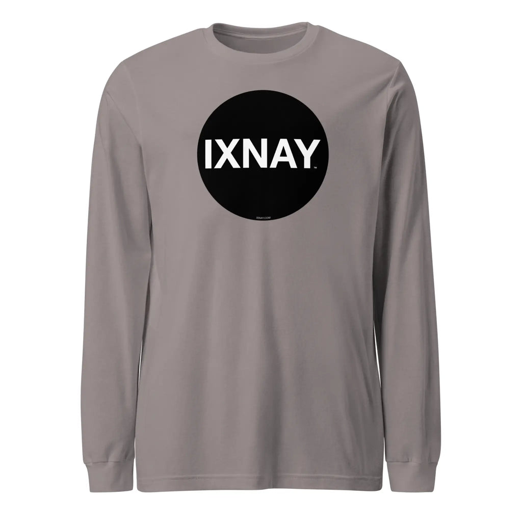 Gray women's long-sleeve t-shirt with a black circle and 'IXNAY' text on a white background