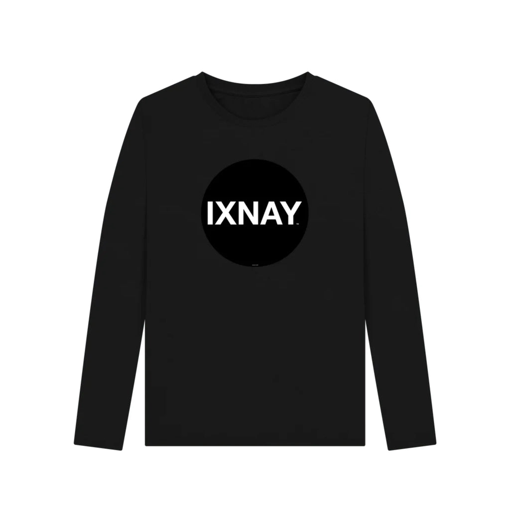 Black women's long-sleeve shirt with 'IXNAY' logo on a white background