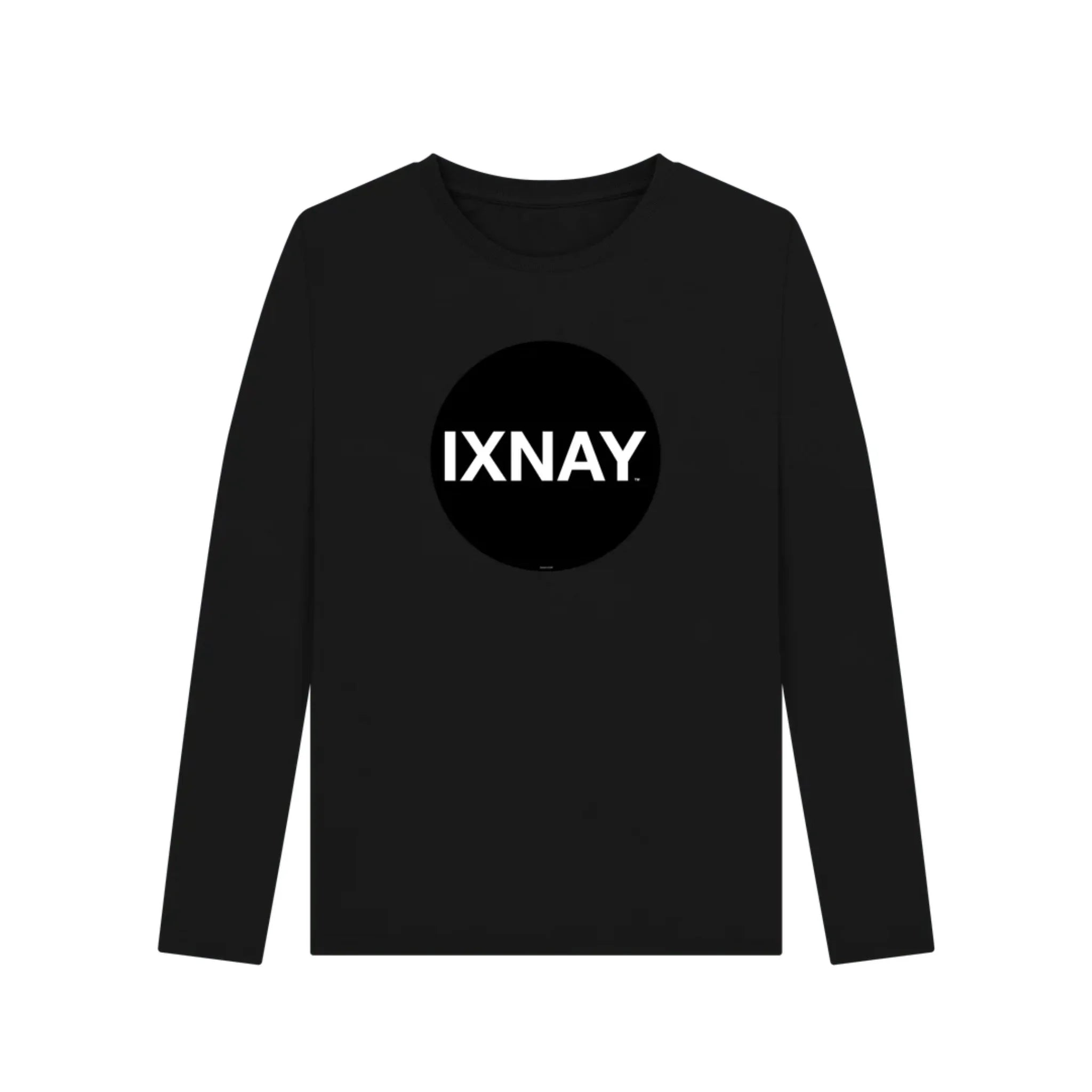 Black women's long-sleeve shirt with 'IXNAY' logo on a white background
